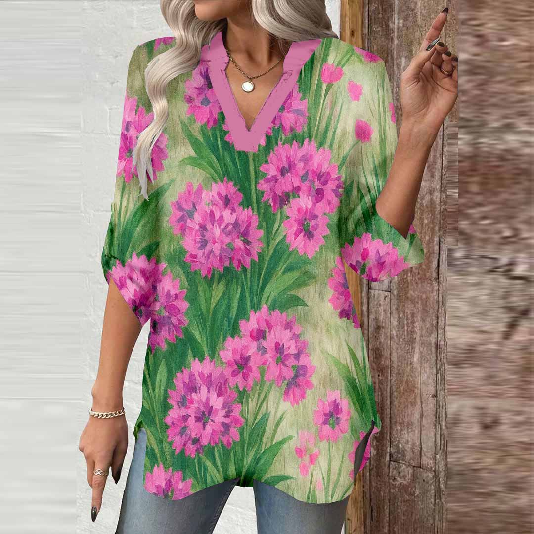 Women Floral, Red, Green DZGA0212 3/4 Sleeve V-neck Printed Graphic Button Tops