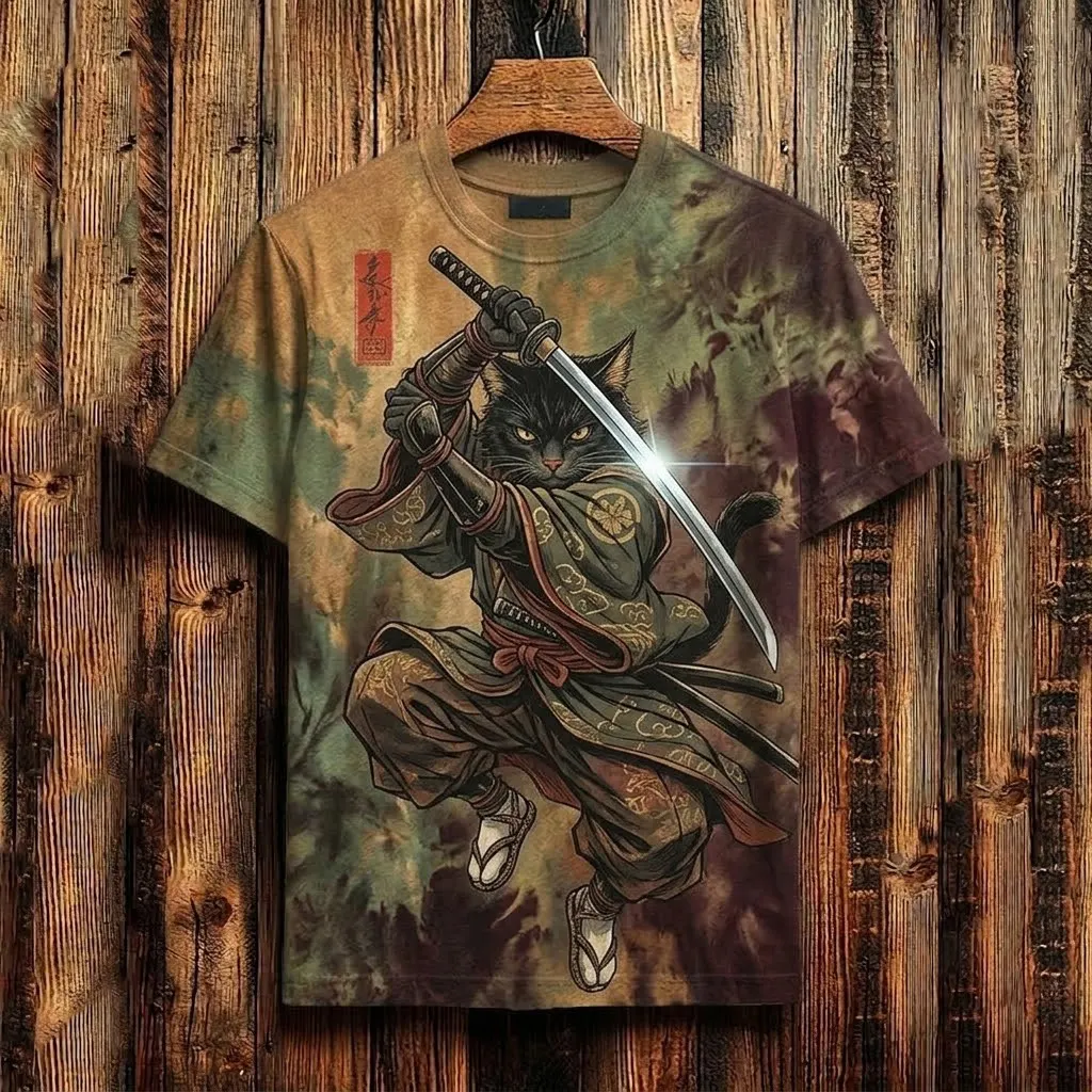 Men's Vintage Japanese Black Cat Samurai Art Print Short Sleeve Casual T-shirt  artssus