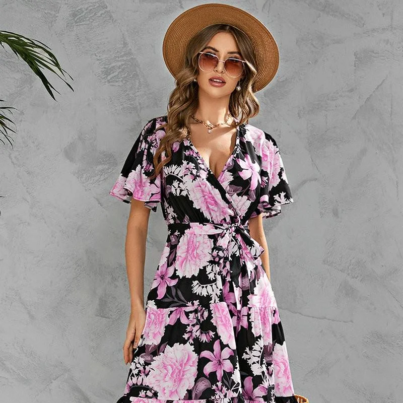 Jangj Floral Print Surplice V Neck Belted Ruffle Hem Dress Women Young Styl Short Sleeve Wrap A Line Summer Long Dress Robe Femme