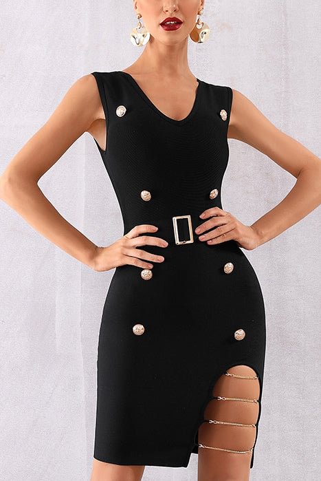 Sexy V-neck Button Belt Bandage Dress - Shop Trendy Women's Clothing | LoverChic
