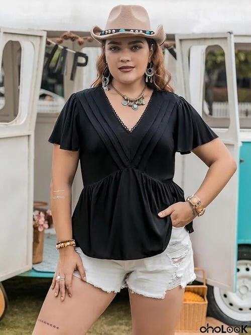Plus Size V-Neck Flutter Sleeves Blouse