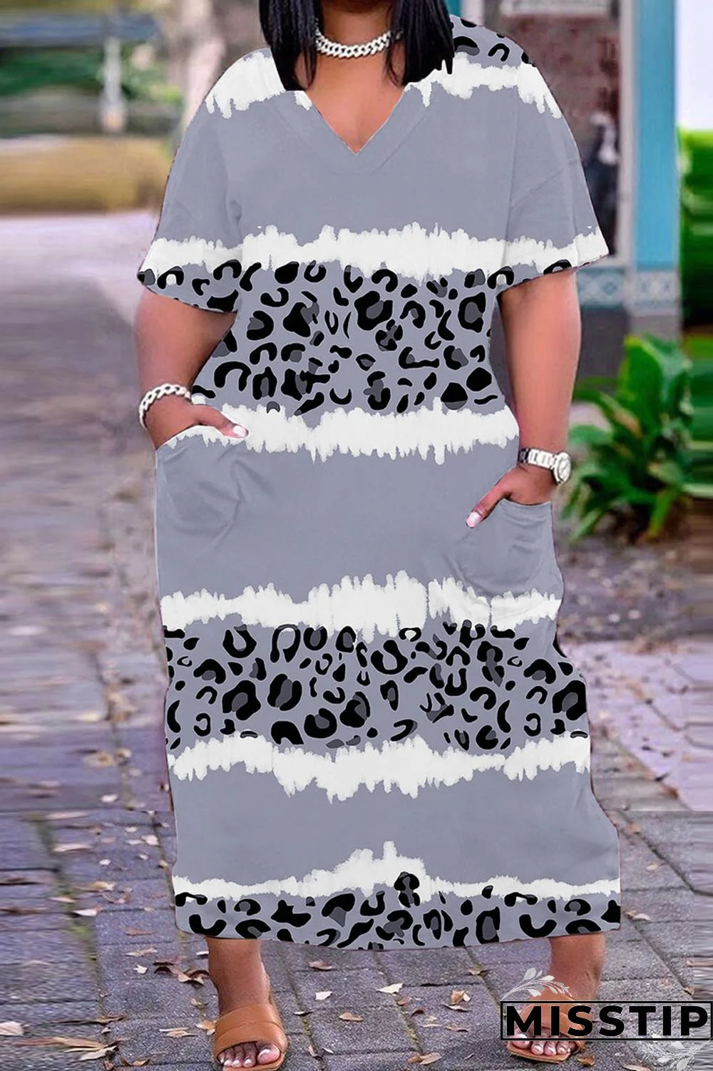 Grey Casual Print Basic V Neck Short Sleeve Dress Dresses