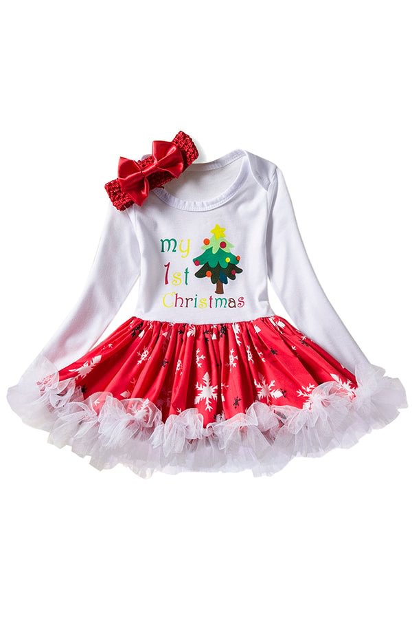 Long Sleeve Bowknot Christmas Tree Snowflake Print Kids Dress White-elleschic