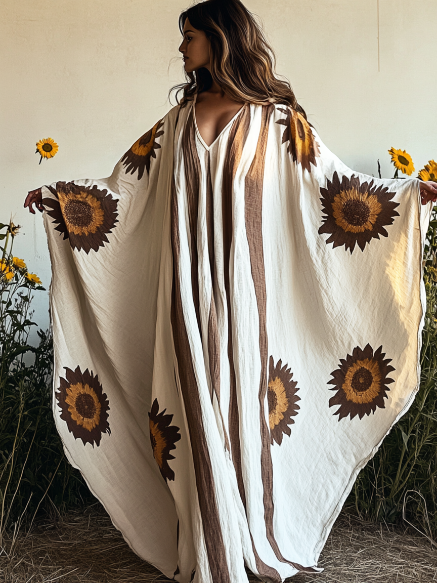 Women's White Sunflower Art Print Linen V Neck Robe