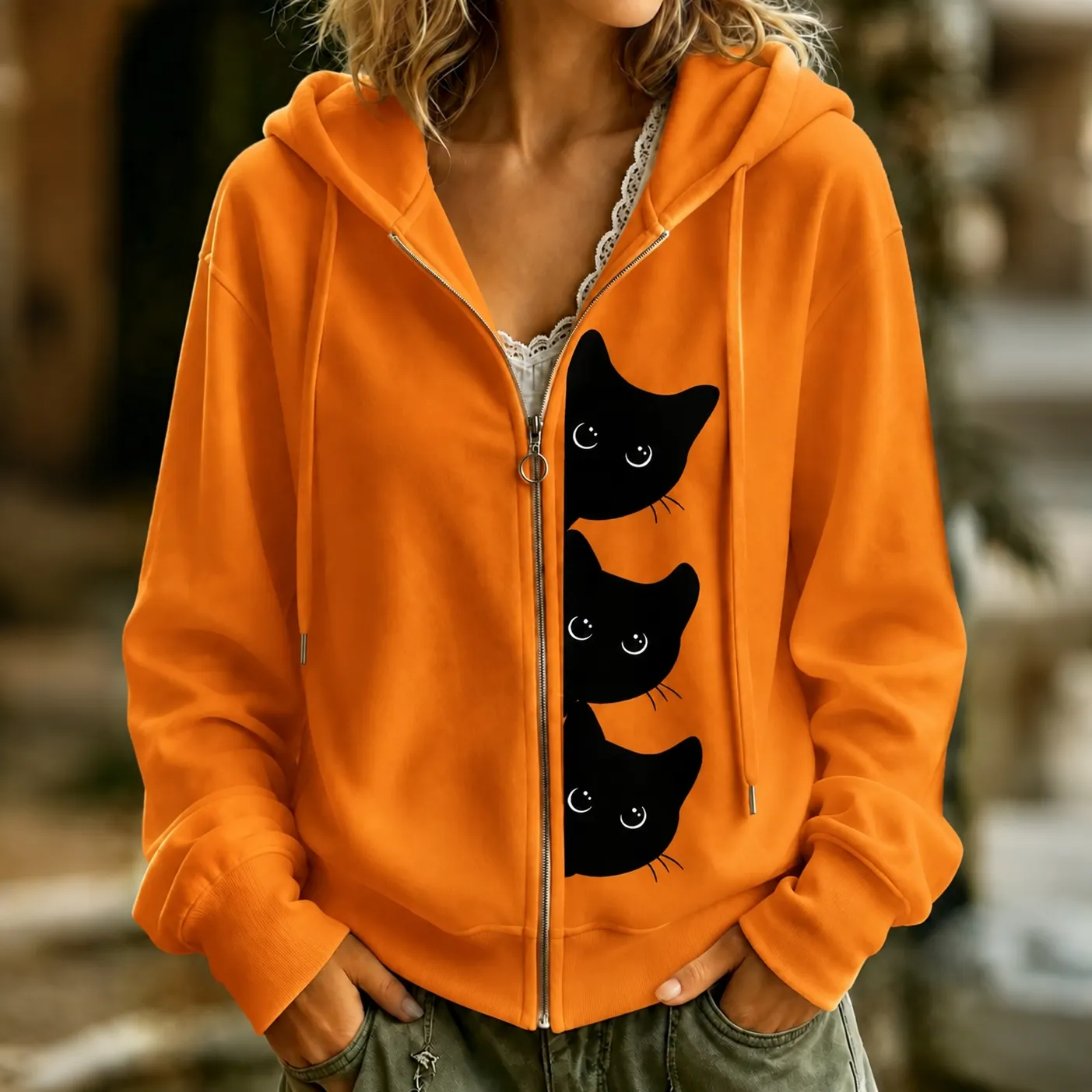 Comstylish Women's Retro Black Cat Print Casual Warm Zip-up Hoodie
