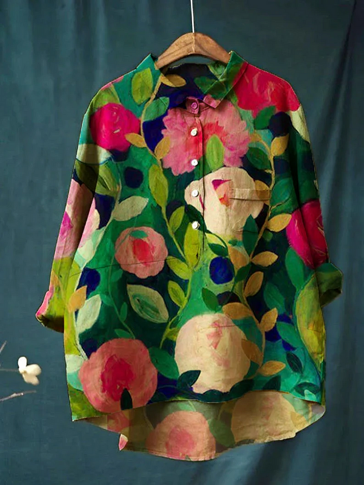 Womens Print Casual Cotton And Linen Shirt