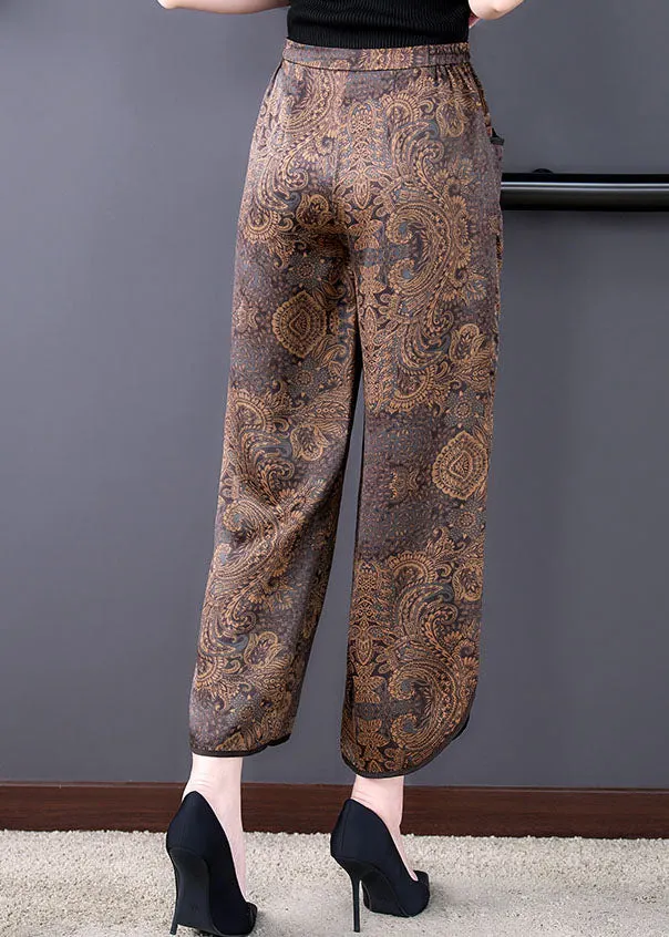 Fashion Coffee Elastic Waist Pockets Side Open Print Silk Crop Pants Summer