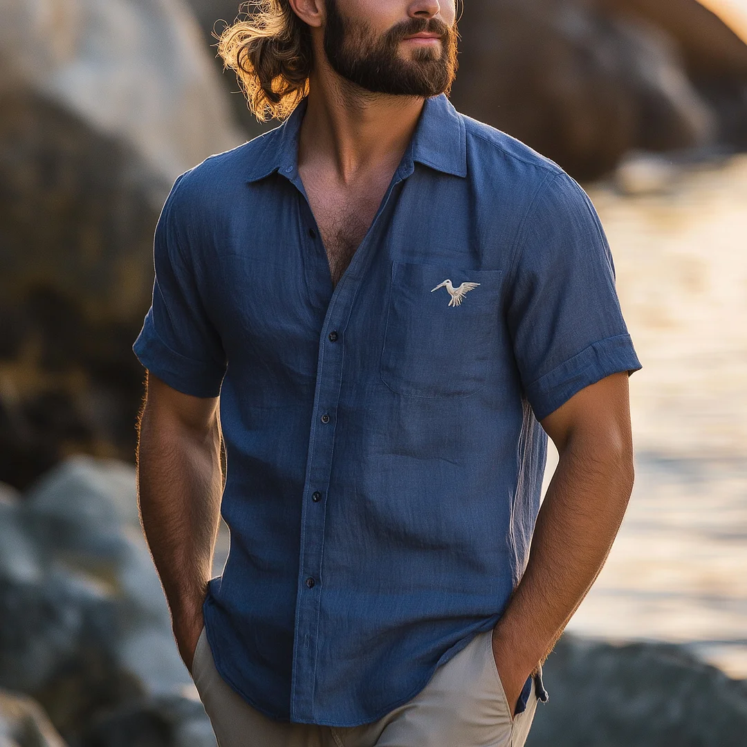 Casual Blue Button-Up Shirt With Embroidered Bird Design-inspireuse