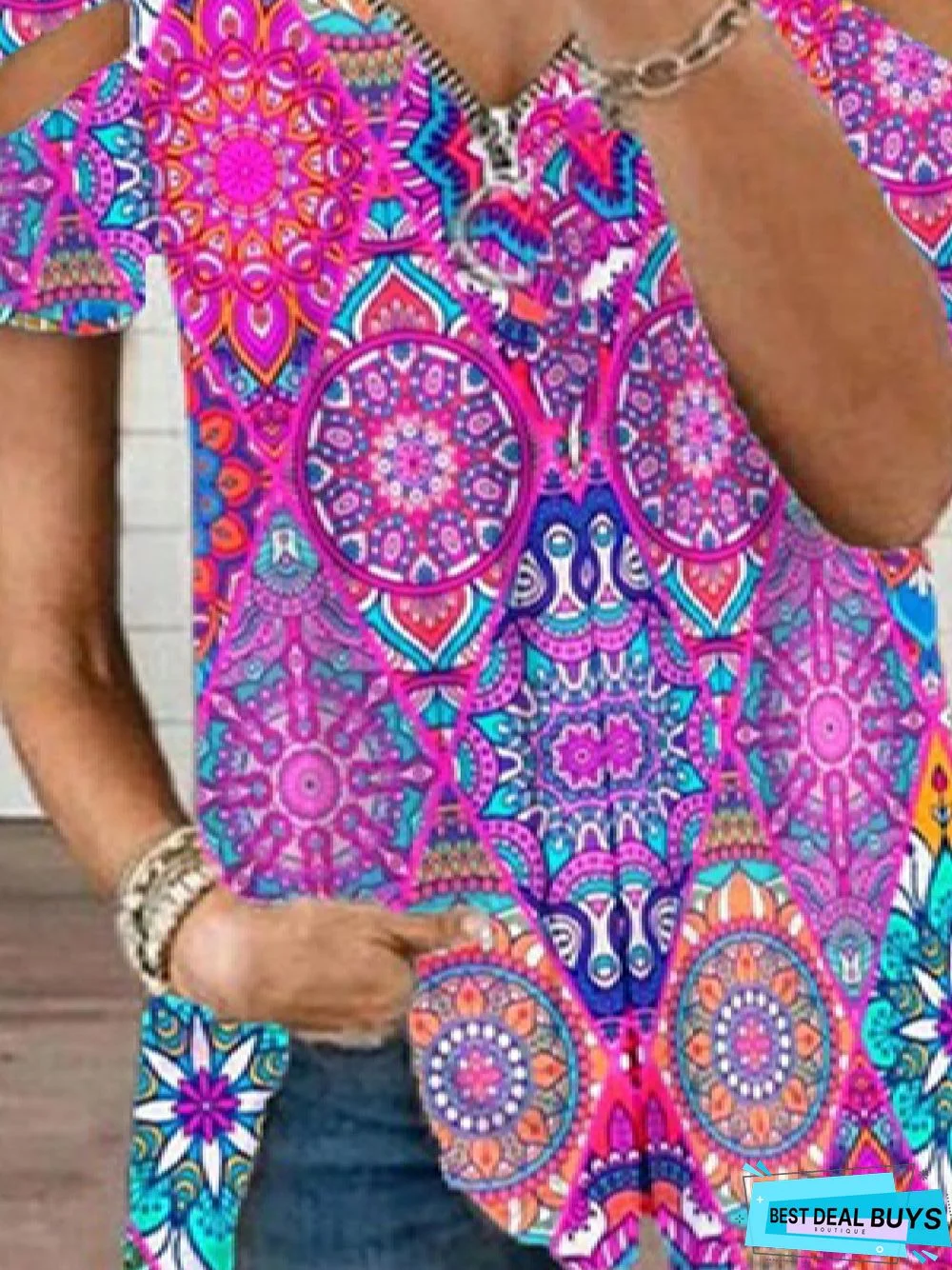 Casual Ethnic V neck Short Sleeve Loose Tunic T-Shirt