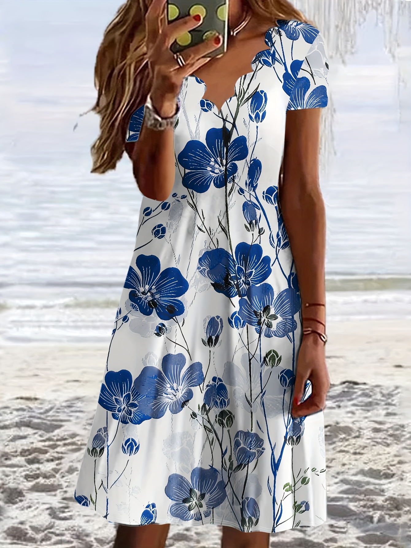 Blue And White Floral Print V-Neck Midi Dress | Women's A-Line Silhouette, Short Sleeves, Perfect For Spring/Summer, Adult Fashion, Casual Attire | IFYHOME