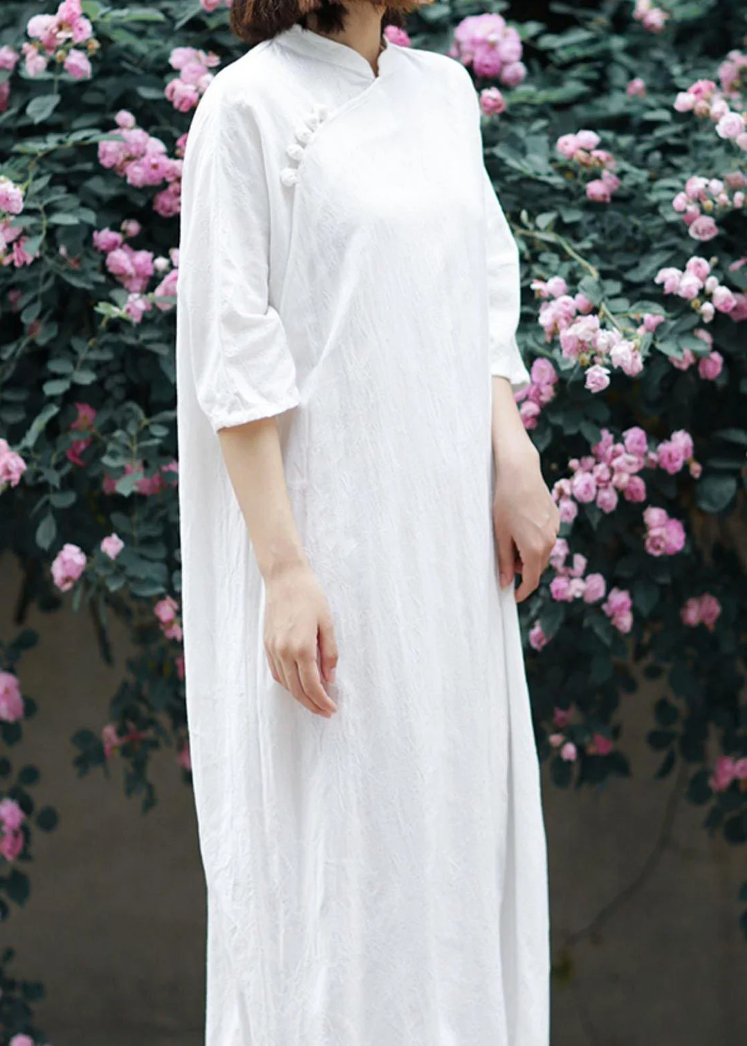 Unique stand collar half sleeve linen summerLong Shirts Tunic dress white Dress