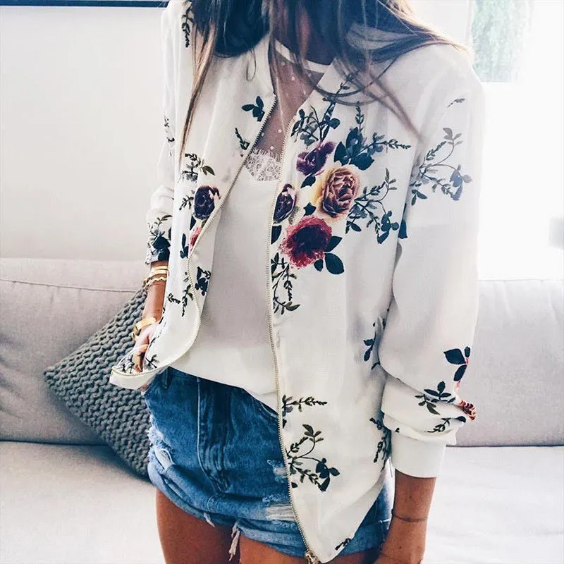 Women Jackets Retro Floral Printed Ladies Zipper Up Bomber Outwear Spring Long Sleeve Short Thin Slim Casual Pocket Biker Coats