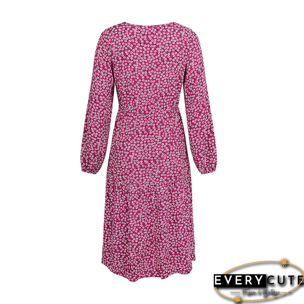 Red Floral Print V Neck Long Sleeve Dress