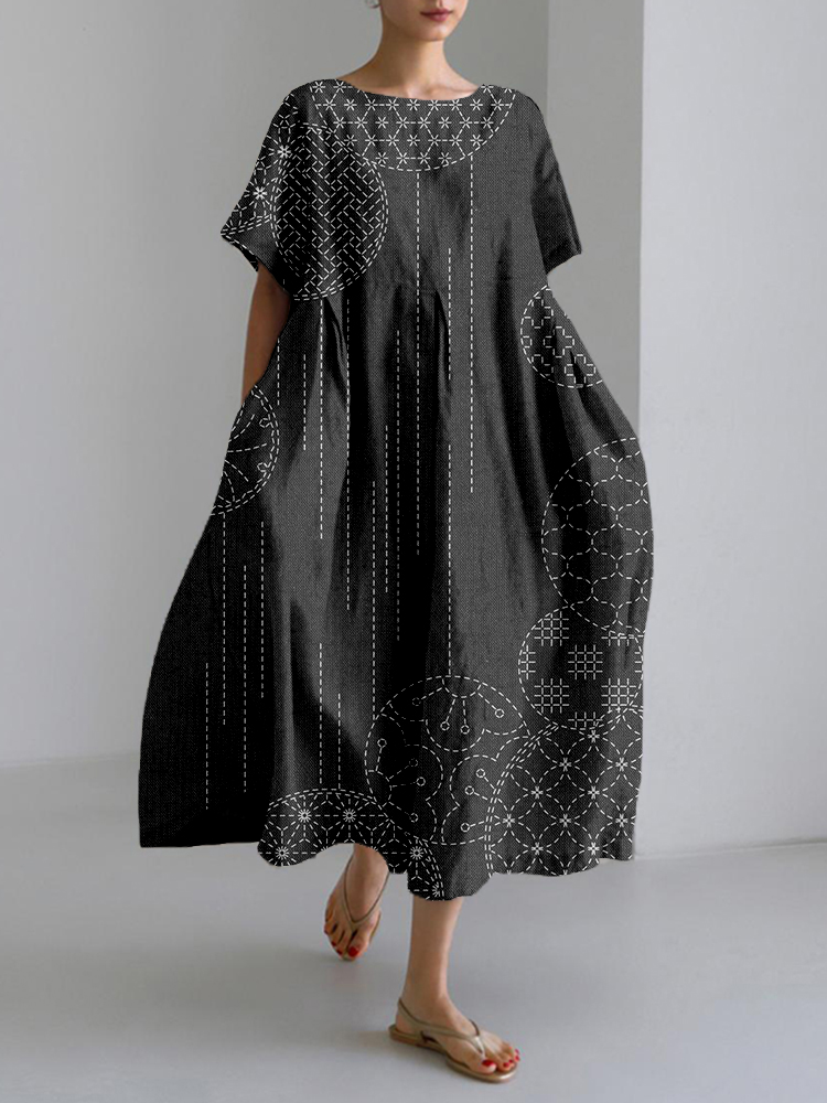 Comstylish Windchimes Japanese Sashiko Art Linen Blend Maxi Dress