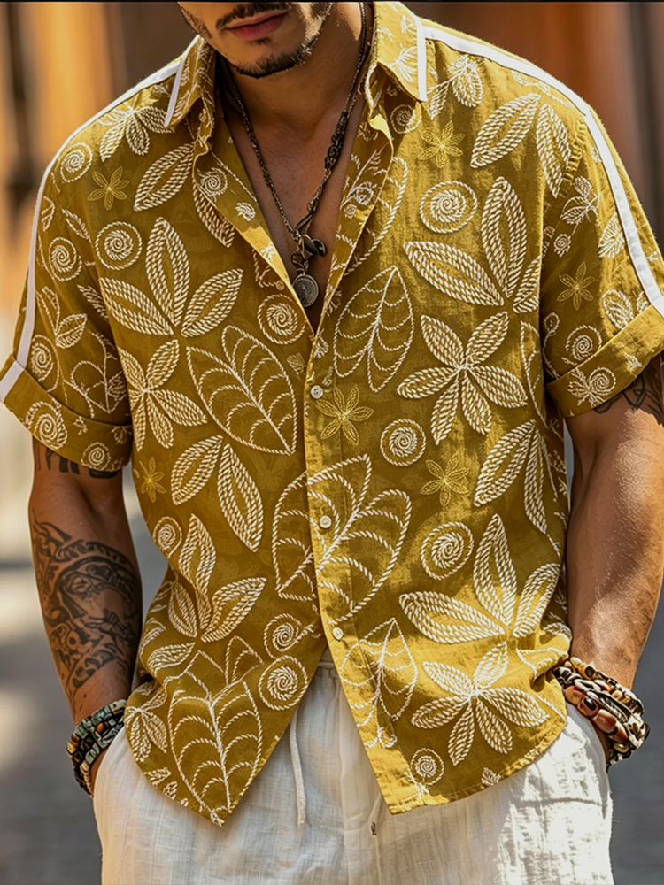 Comstylish Men's Retro Plant Flower Embroidery Pattern Design Casual Linen Shirt