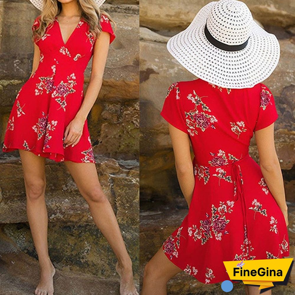 Women Fashion Casual Short Sleeves Floral Printed Beach Short Mini Dress