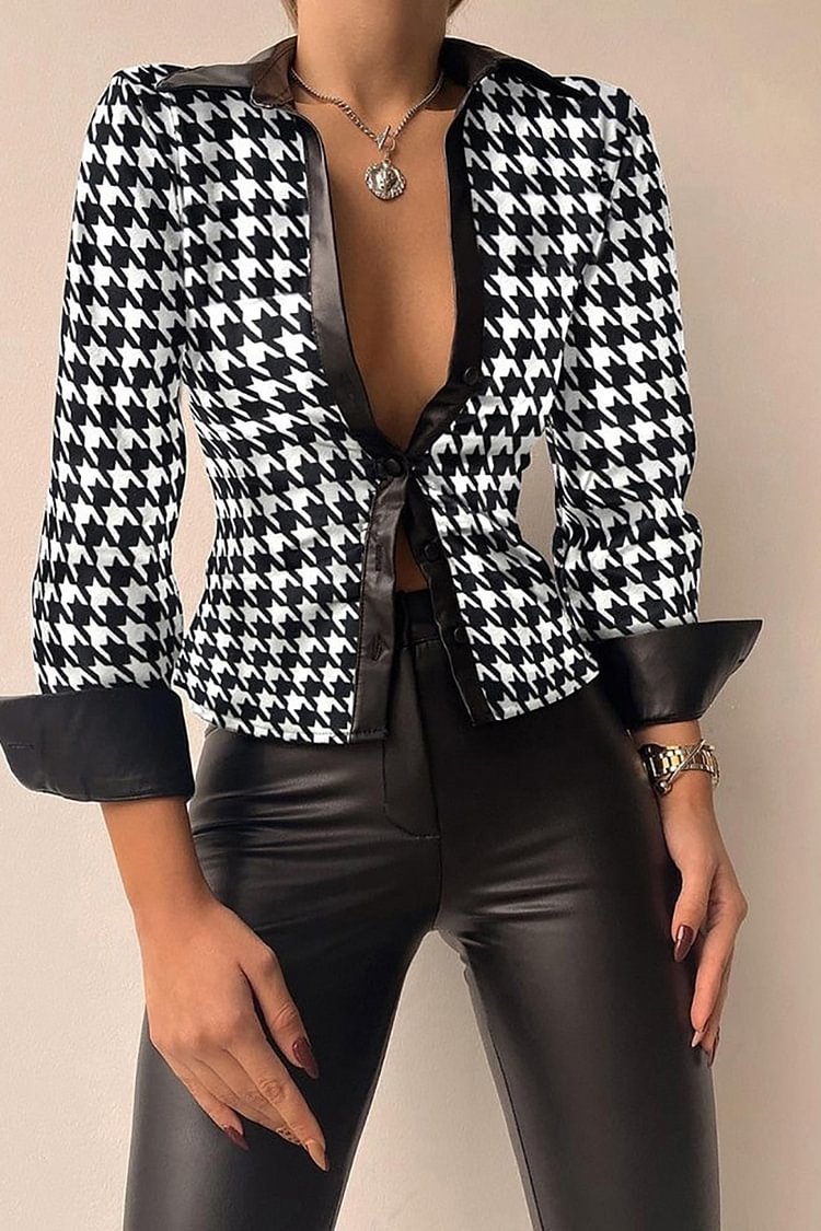 Xpluswear Plus Size Casual Black PU Leather Houndstooth Vintage Deep V Neck Long Sleeve Buttons Shirts