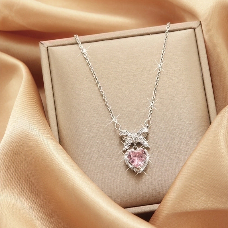 2 Pieces Vintage Style Heart Shape Flower Bow Knot Titanium Steel Copper Tassel Plating Inlay Zircon Pendant Necklace