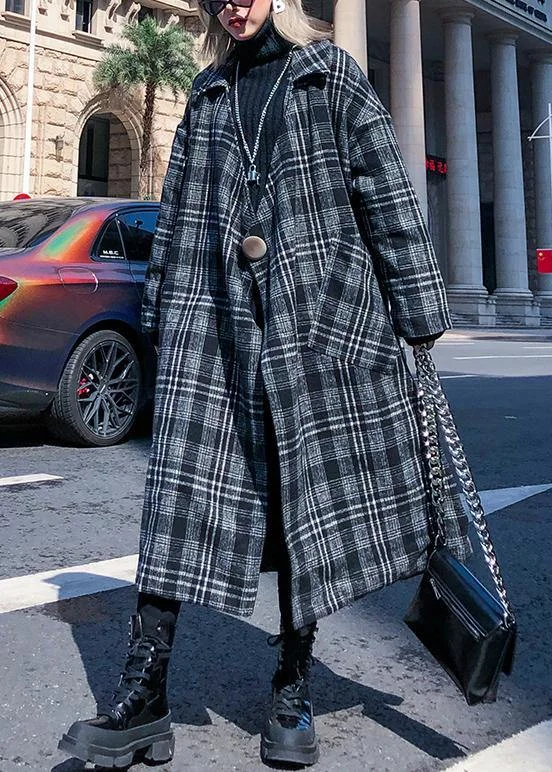 Elegant gray plaid Woolen Coat Women plus size Notched pockets long coats