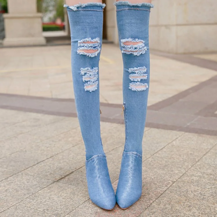 Tanguoant 2020 Women Newest Hollow out Pointed Toe Over Knee Blue Denim Lace-up Gladiator Boots Long High Heel Jean Boots Shoes
