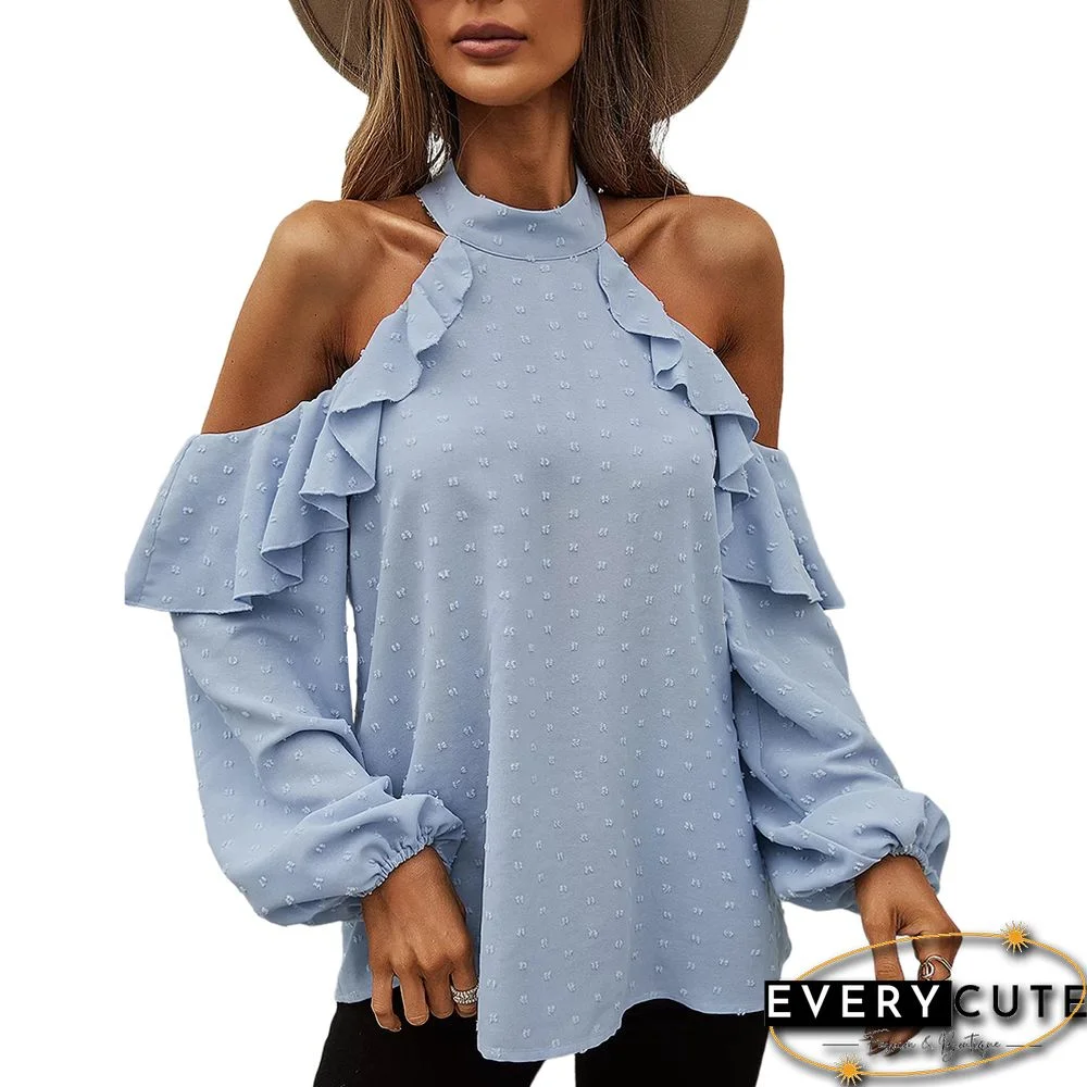 Light Blue Ruffle Cold Shoulder Long Sleeve Tops