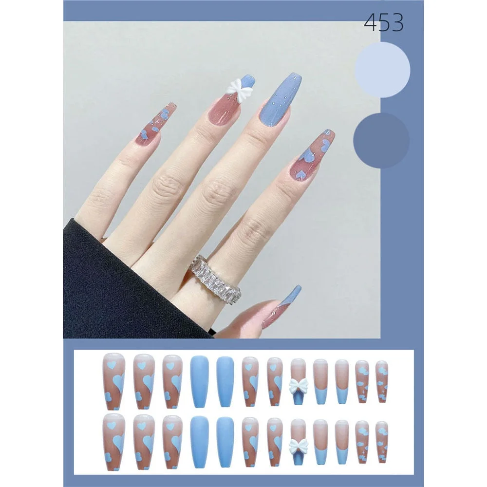 Press On Nails with line Small drill design Coffin False Nails Stick-on nails Full Cover Fake Nails Tips for nails Free shipping-Nail Inspo