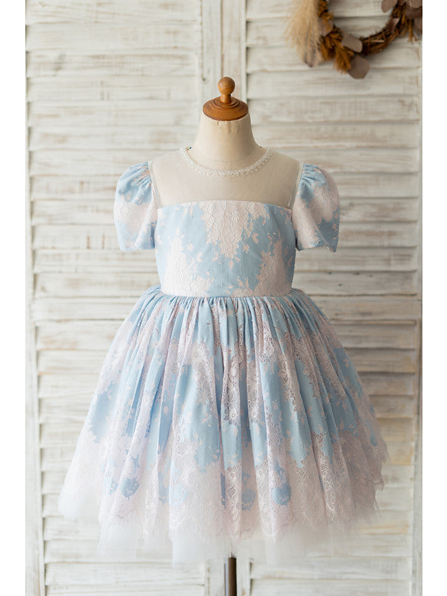 Oknass Ball Gown Short Sleeve Jewel Neck Flower Girl Dresses Lace With Beading