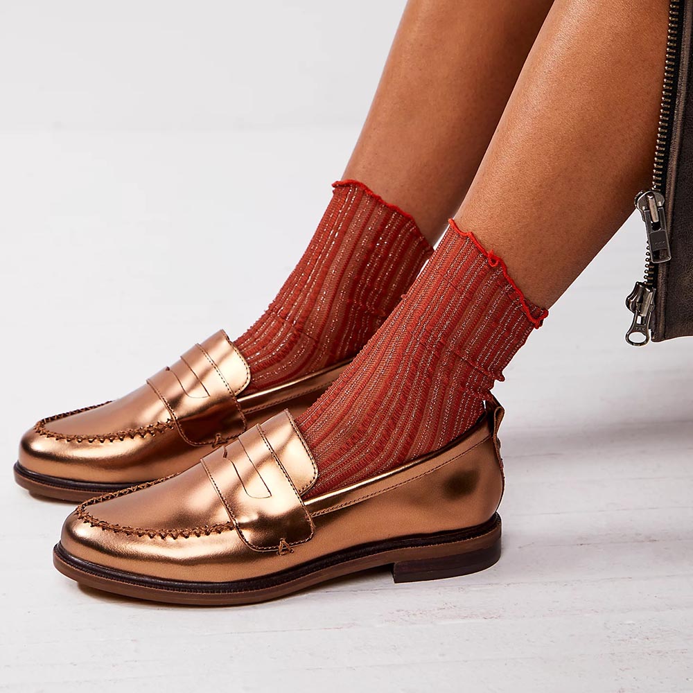 Gold Metallic Vegan Leather Closed Toe Formal Flat Loafers Nicepairs
