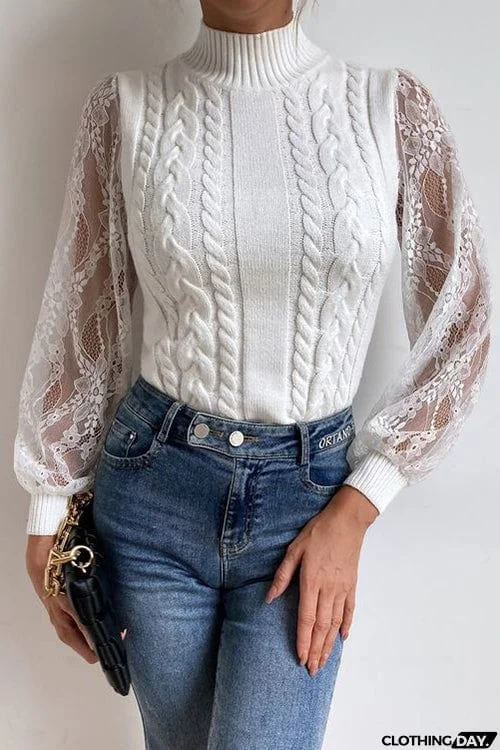 Tulle Lace Sleeve High Collar Sweater