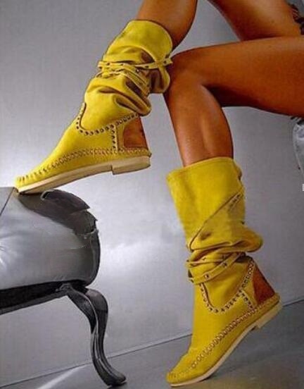 Plus Size 35-44 Rivets Ankle Boots Round Toe Flat Heel Knee High Motorcycle Boots For Women Casual Shoes