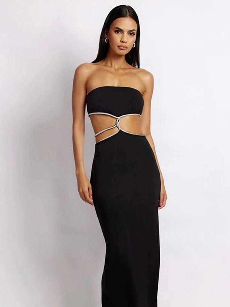Tawnie 2022 Summer Sexy Strapless Hollow Out Gown Midi Dress Women Club Party Outfits Skinny Backless Long Dresses Y2K Robe