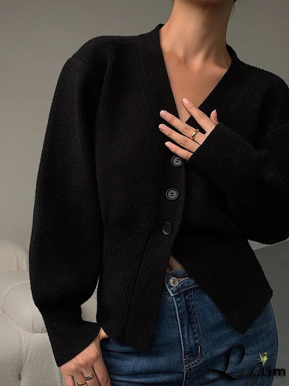 Solid V Neck Slit Knit Cardigan