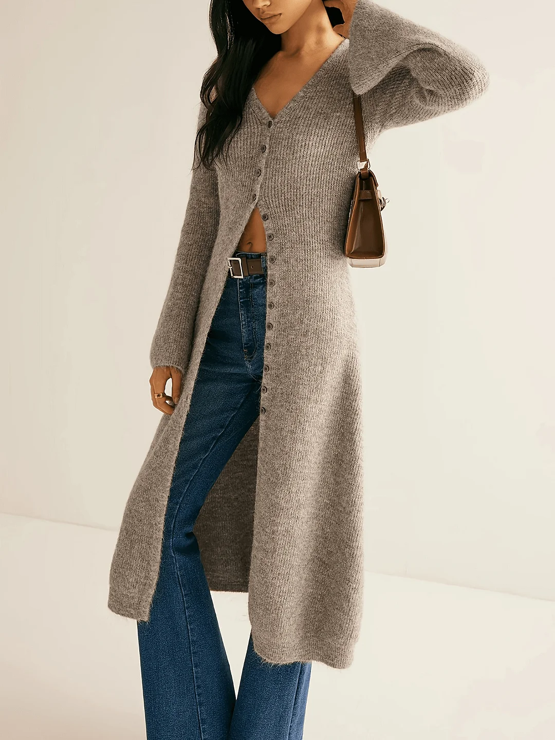 Nigikala Nigikala Retro Elegant Long-Sleeved Jacket Knitted Sweater Medium Long Model