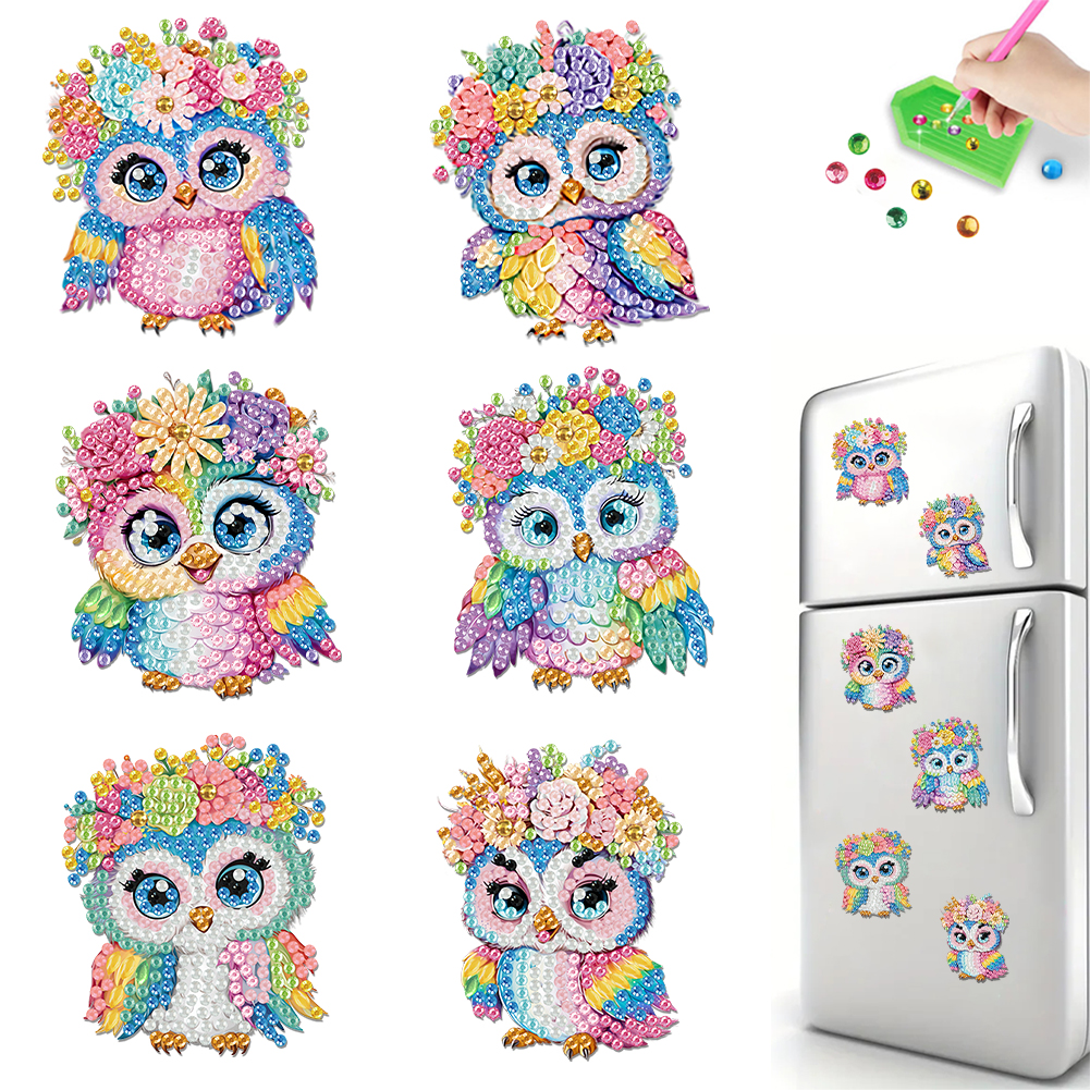 6Pcs Acrylic Colorful Feather Owl Diamond Art Refrigerator Magnets Sticker Kit