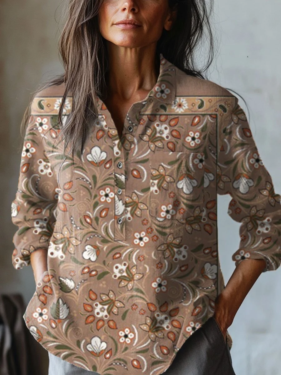 Women's   Floral  Art Print Casual Cotton And Linen Shirt