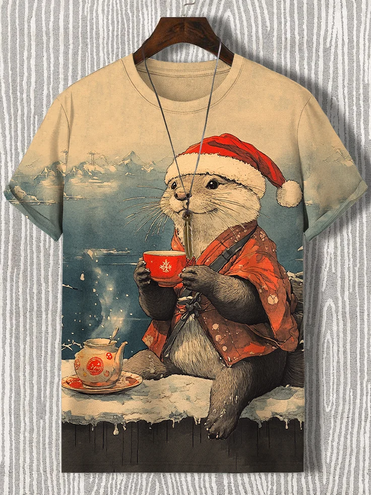 Men's Christmas Otter Drinking Hot Drink By The River Art Print Casual T-Shirt
