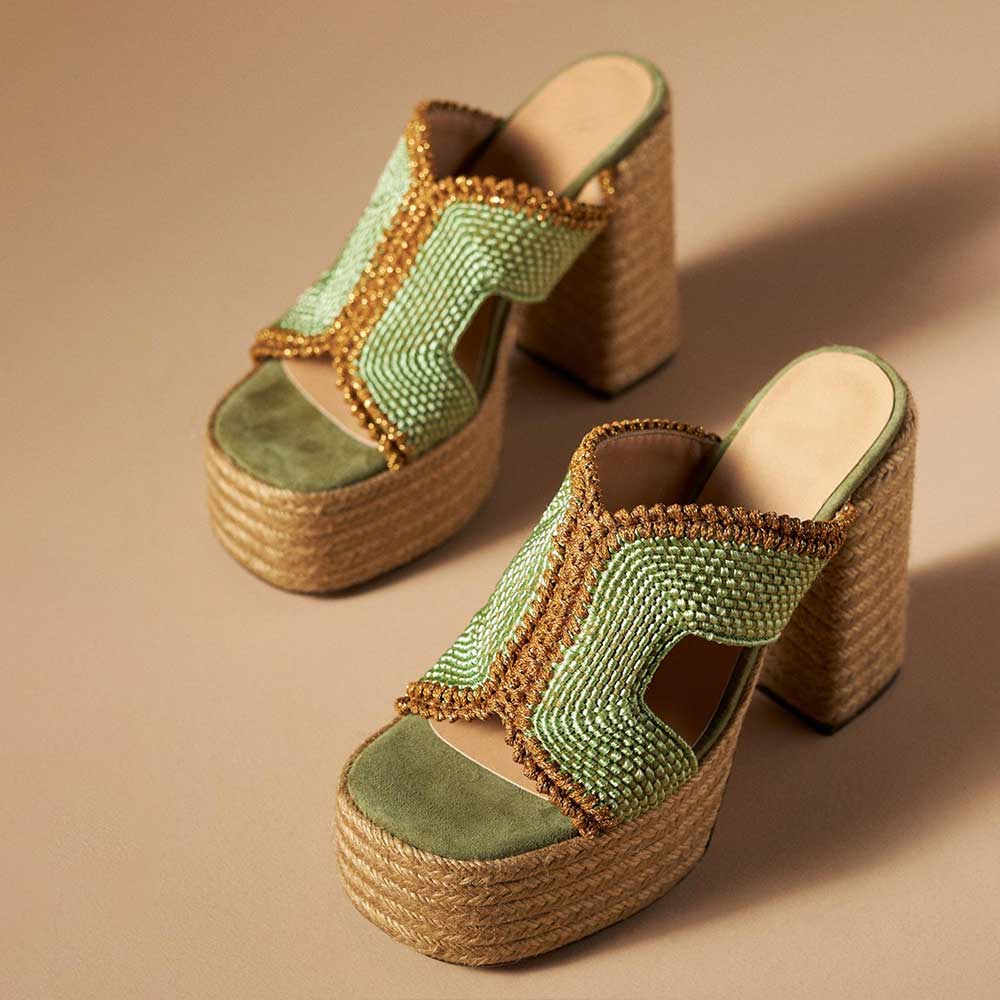 Green Open Square Toe 5'' Chunky Heel Woven Platform Mules Nicepairs