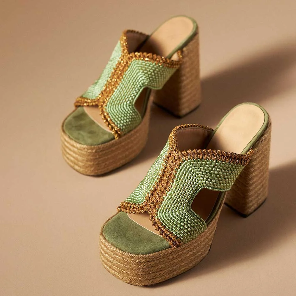 Women's Green Open Square-Toe Woven Platform Mules with Chunky Heels Nicepairs