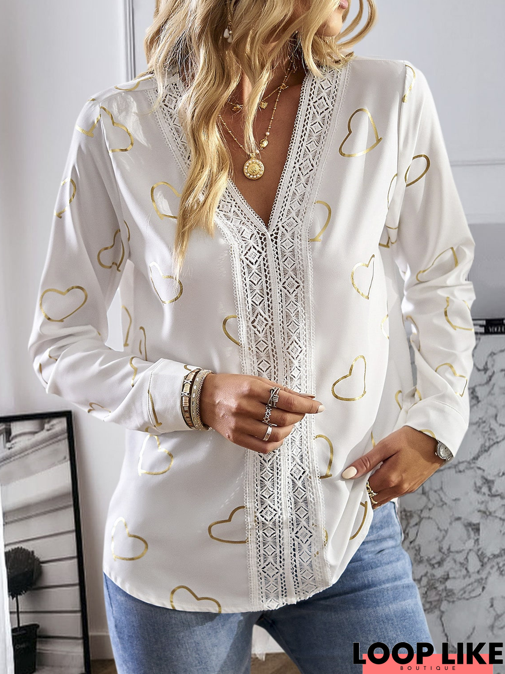 Lace Loose Casual V Neck Top