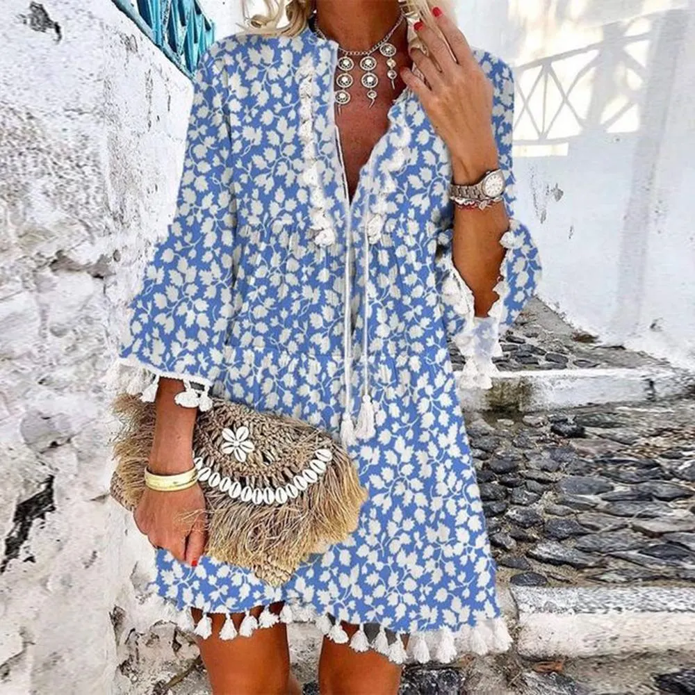 Chic Blue Printed V-Neck Loose Tassel Dress--vocosishoes