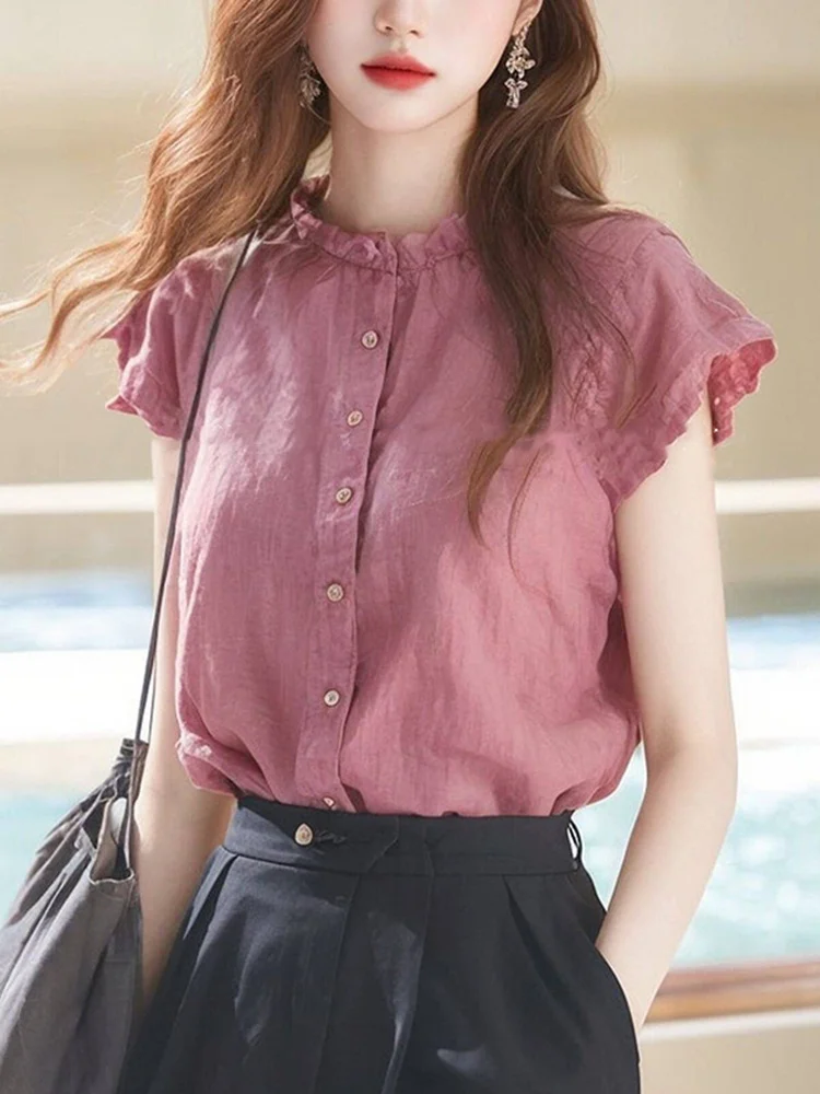 Athvotar Athvotar Ear Collar Simple Small Flying Sleeve Shirt Female Design Sense Of Small Summer Single Special Beautiful Shirt Top