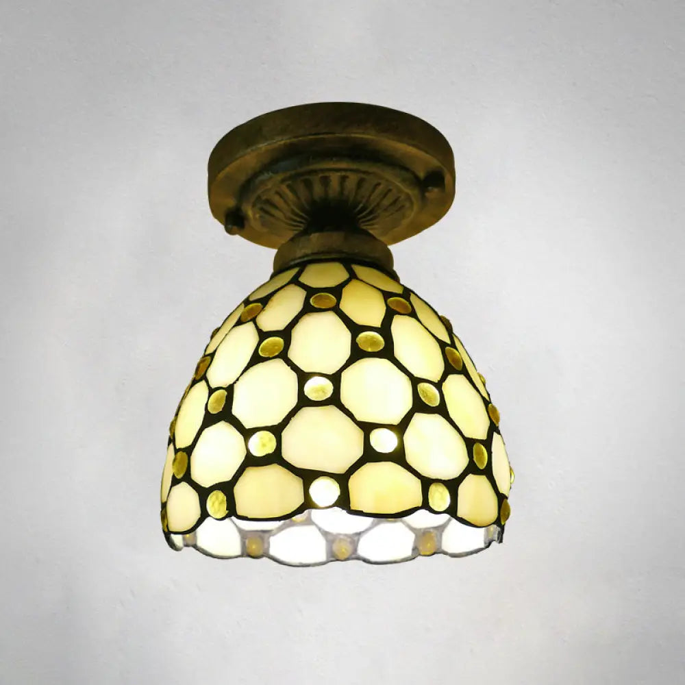 Stained Glass Vintage Dome Ceiling Light Fixture For Corridor - Semi Flush Includes 1 Bulb Yellow /