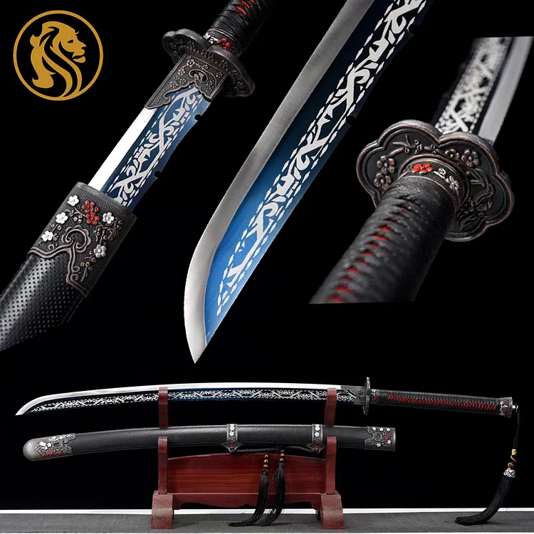 black anime katana,copper tsuba katana,Baked blue blade Japanese handmade,katana swords,best katana,cosplay Samurai sword,65 manganese steel