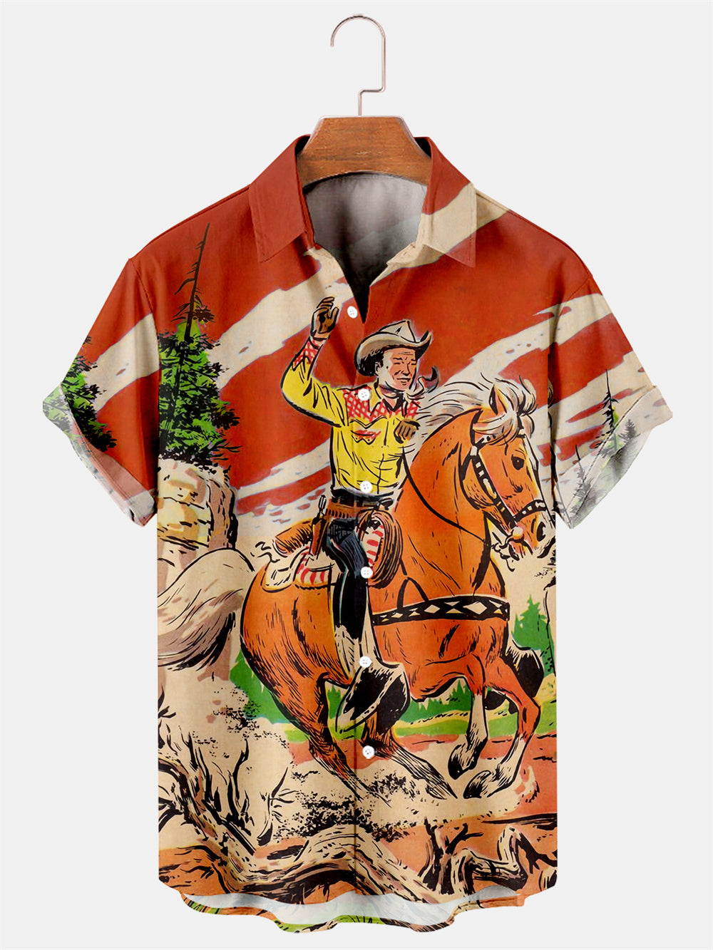 Men's Large Size Simple Casual Retro Western Cowboy Poster Contrasting Color Shirt With Pockets PLUSCLOTHESMAN