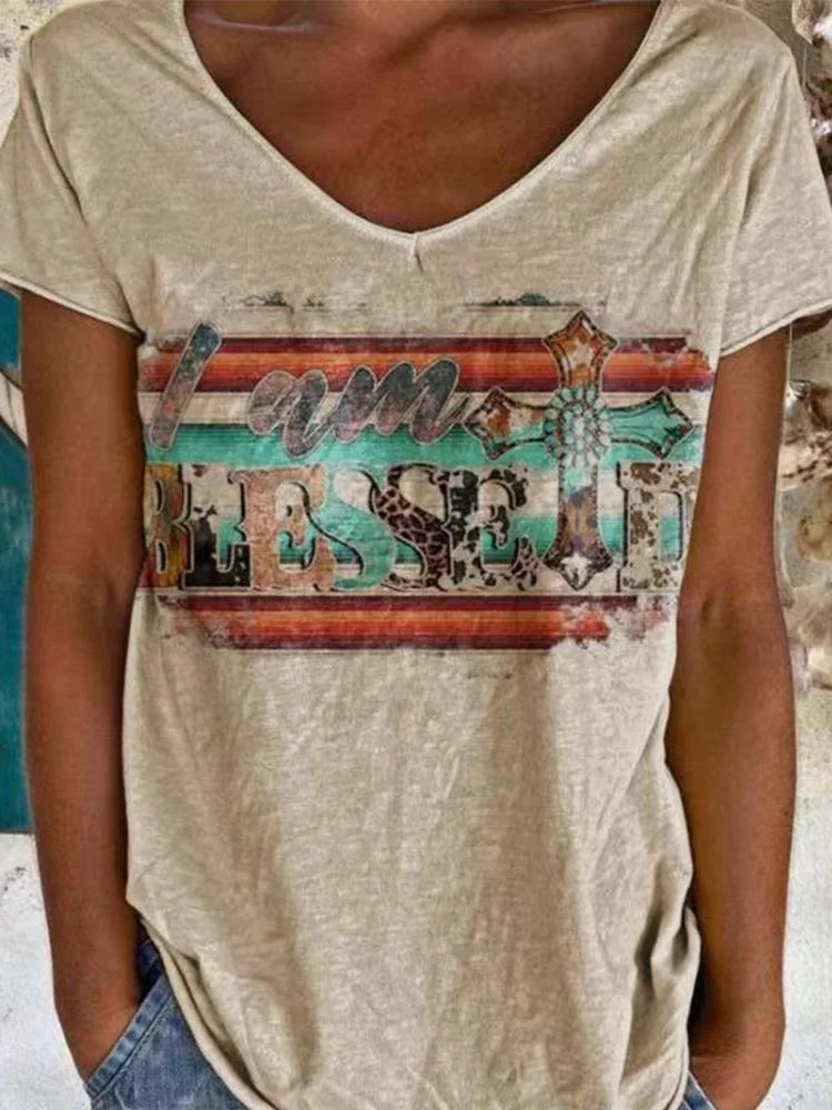 Printed Loose V-Neck Fur Trim Short Sleeve Top