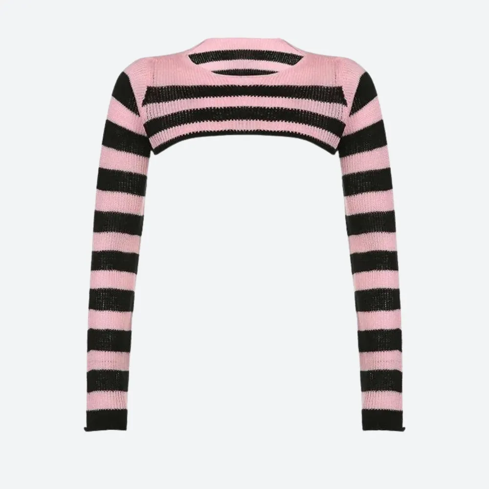 Brownm Striped Knitted Shrug Sweater