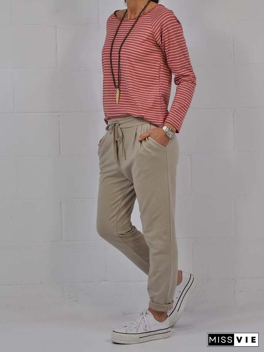 Crew Neck Long Sleeve Striped Casual T-shirt