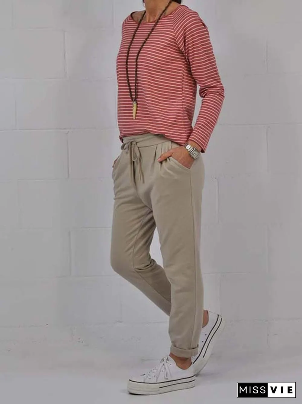 Crew Neck Long Sleeve Striped Casual T-shirt