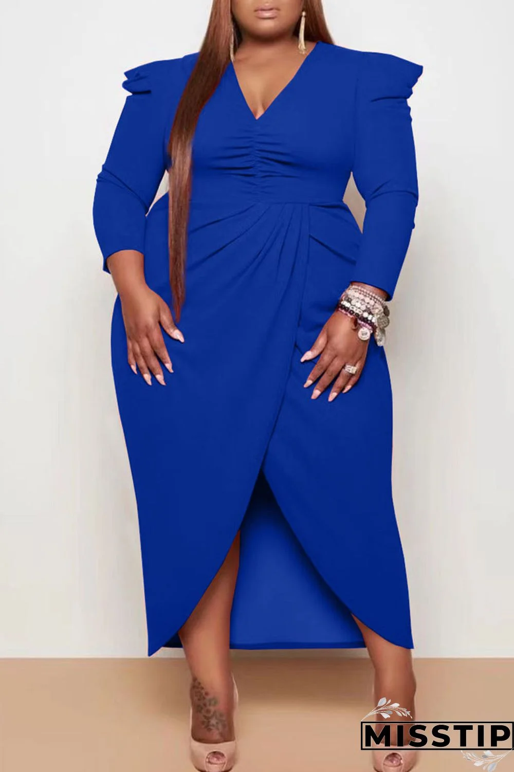 Black Casual Solid Patchwork Fold Asymmetrical V Neck Princess Plus Size Dresses