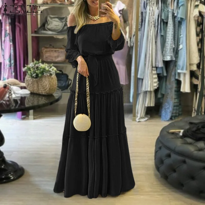 ZANZEA Elegant Off Shoulder Women's Dress Autumn Belted Ruffle Maxi Vestidos Casual Puff Sleeve Solid Beach Robe   7